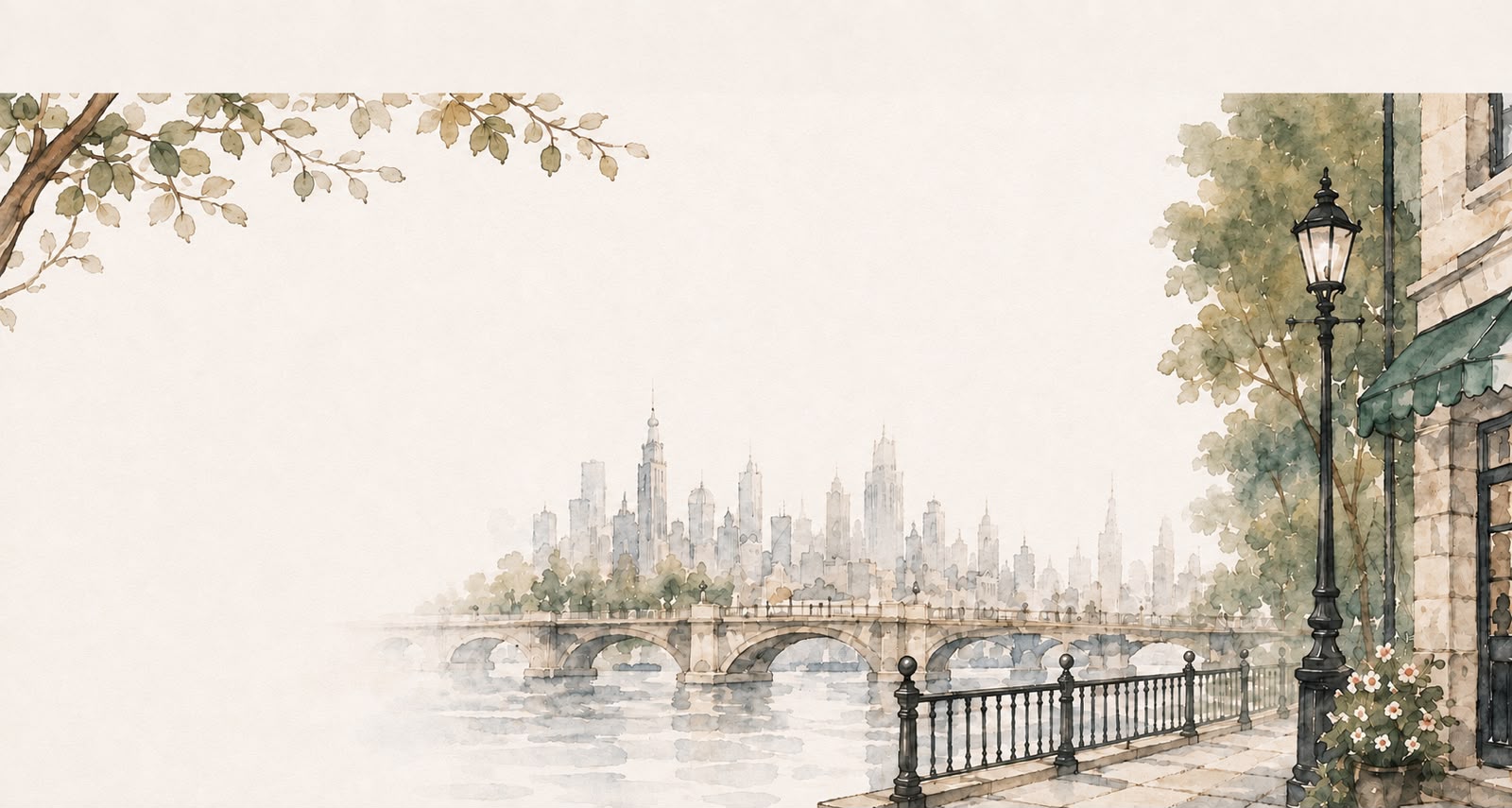 Illustrated riverside scene with a bird carrying a letter and a diamond pendant