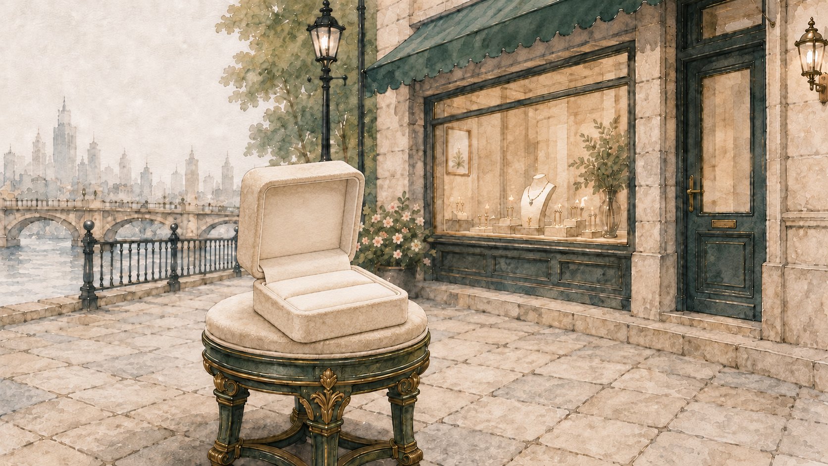The boutique on the riverside walk, window display lit, an ottoman on the terrace