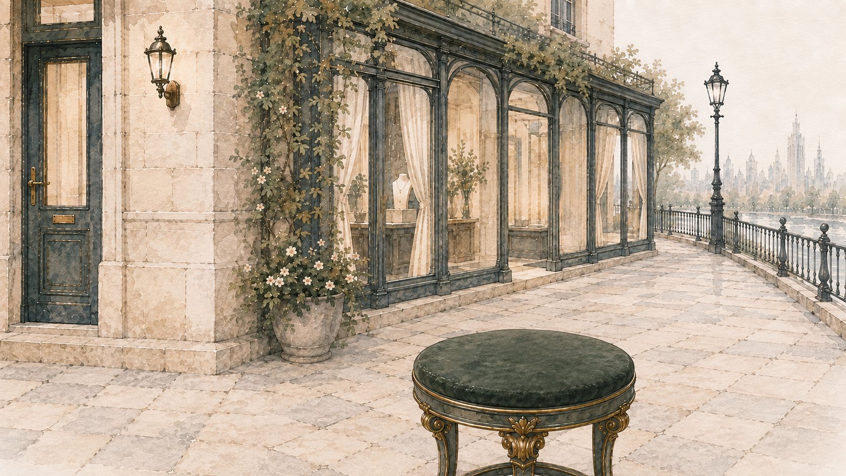 The arcade windows along the terrace, the river beyond, an empty stool in the foreground