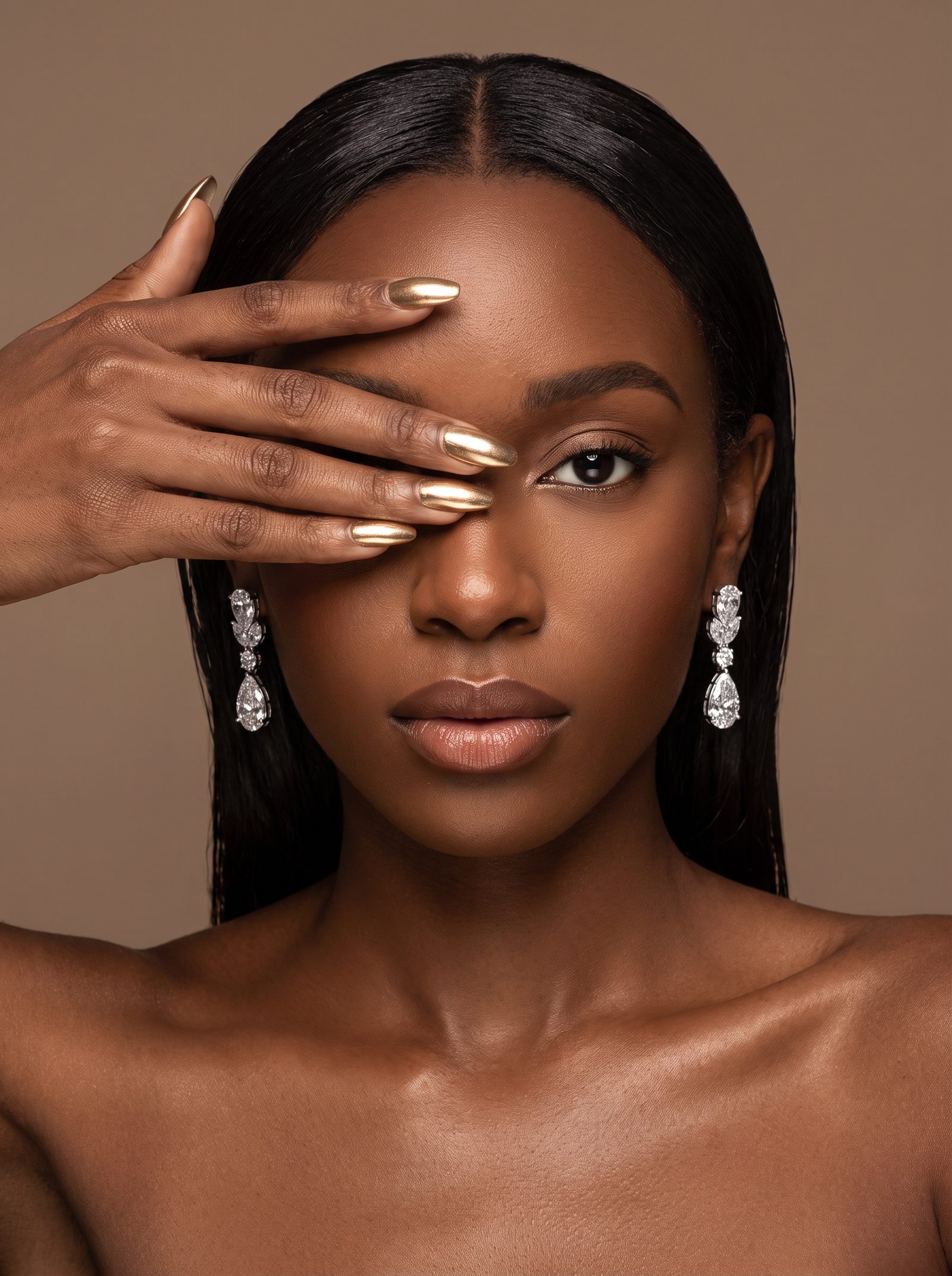 Model with gold-painted nails wearing pear-drop diamond earrings in white gold